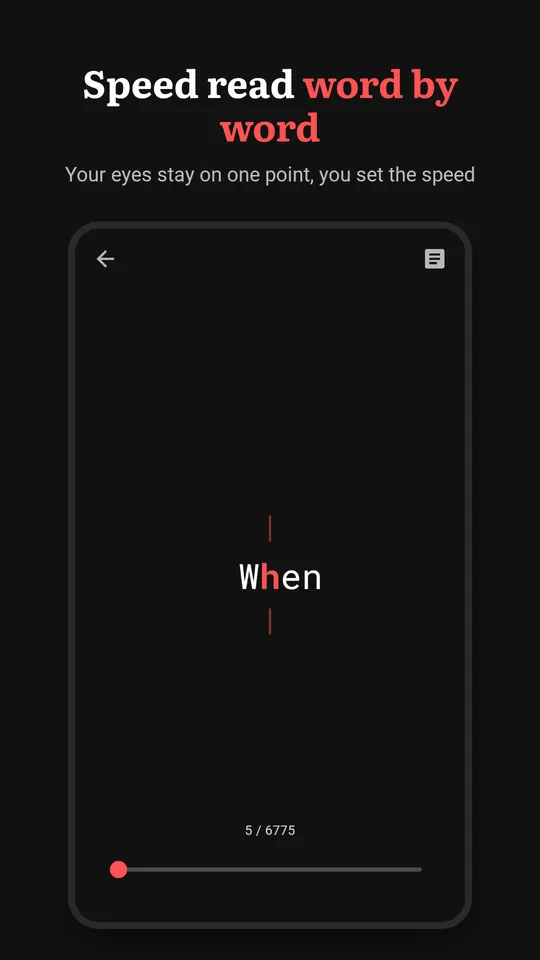 Speed reading: a single word with its focus letter in red