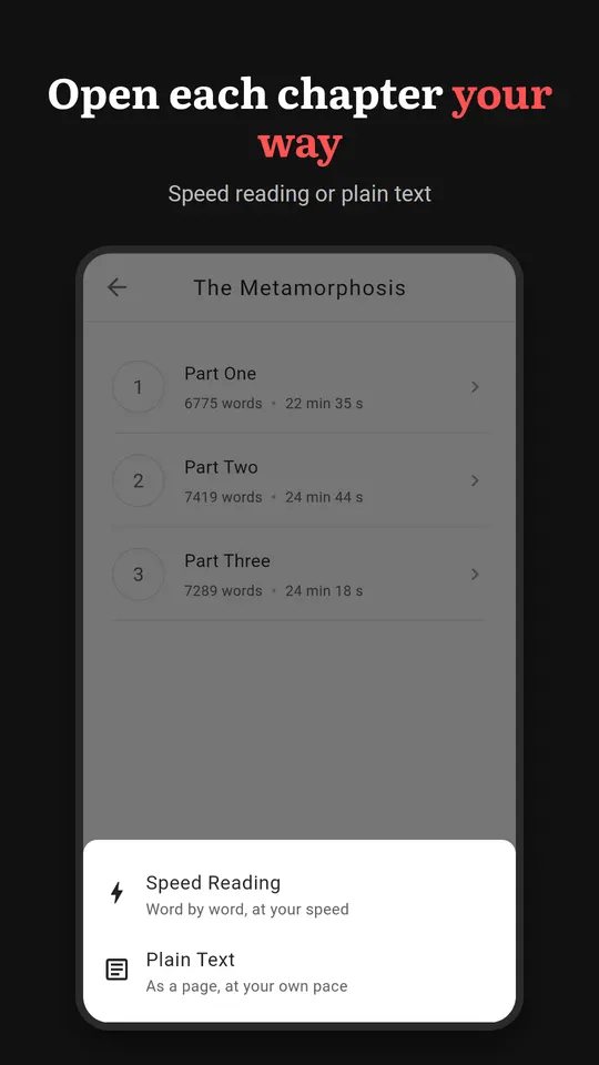 Choosing Speed Reading or Plain Text for a chapter
