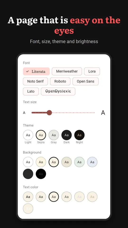 Font, text size, theme and colour settings