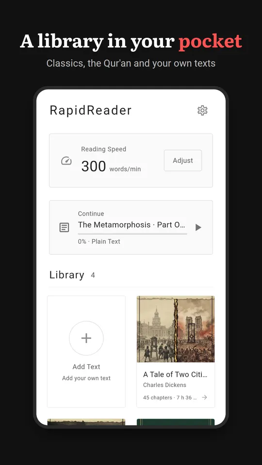 The home screen with reading speed, Continue and the library
